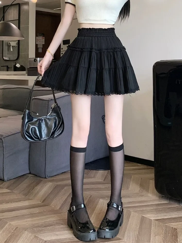 2025 New Casual Preppy Style White Lace Cake Skirt Fashion Women's Summer Sweet Soft Girl High Waist Fluffy Short Skirts