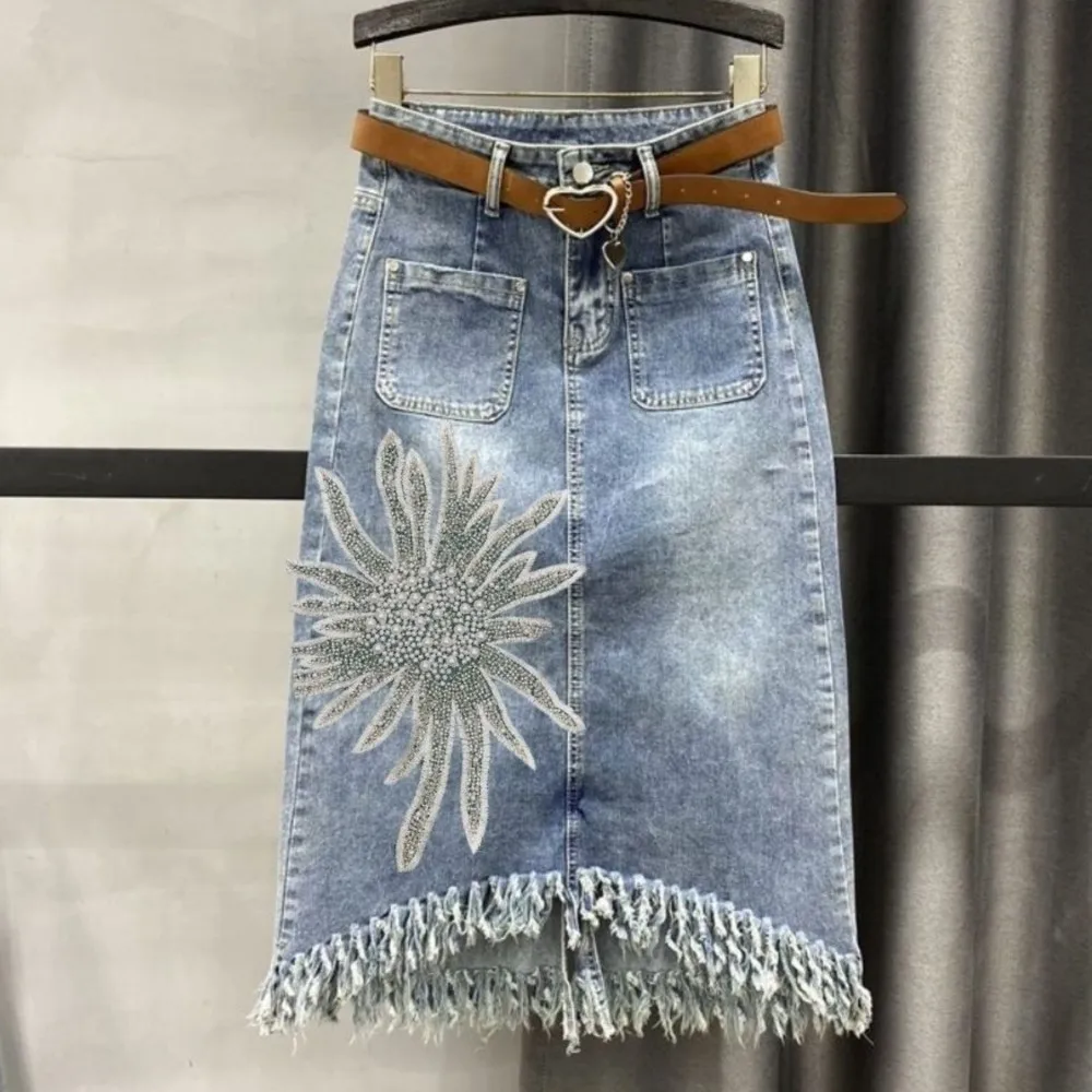 

Diamond tassel denim skirt for women spring and autumn high waist elastic falda de mezclilla