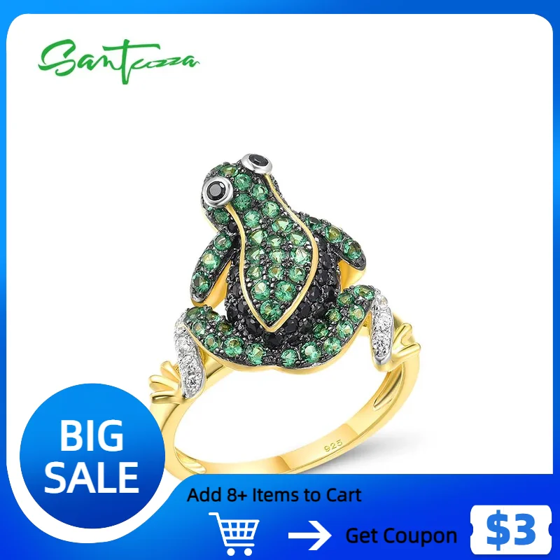 SANTUZZA Genuine 925 Sterling Silver Ring For Women Green Black Spinel White CZ Frog Rings Animal Delicate Gifts Fine Jewelry