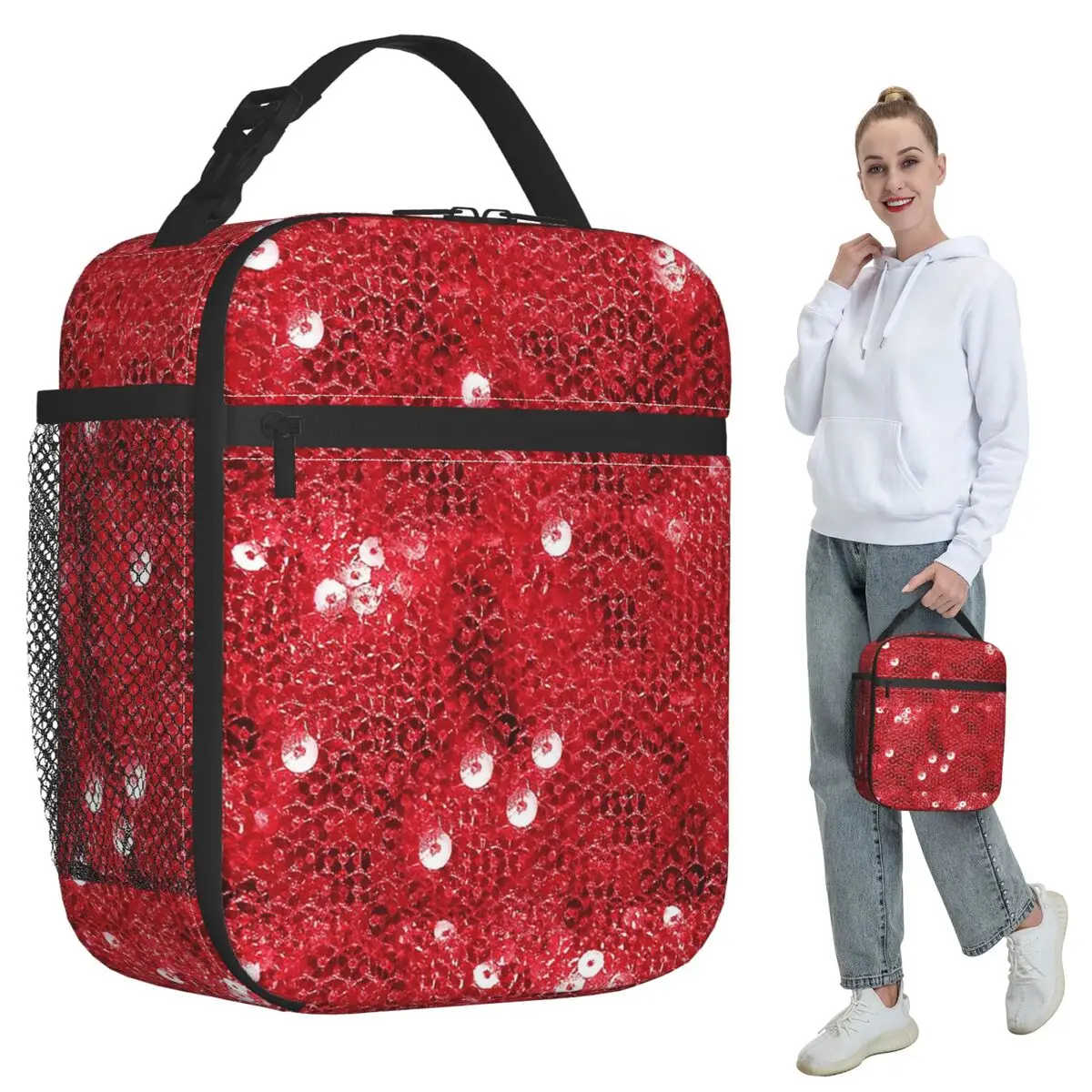 Festive Red Sequins Insulated Lunch Bag for Kids School Cooler Thermal Food Box Tote Leakproof Lunch Boxes Container