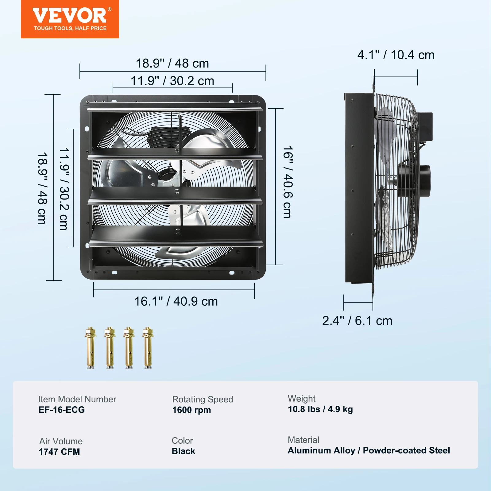 Wentylator szyjkowy, 16 cali z kontrolerem temperatury i wilgotności, silnik EC, 2650 CFM, 10-stopniowa regulacja, wentylator dachowy do montażu ściennego