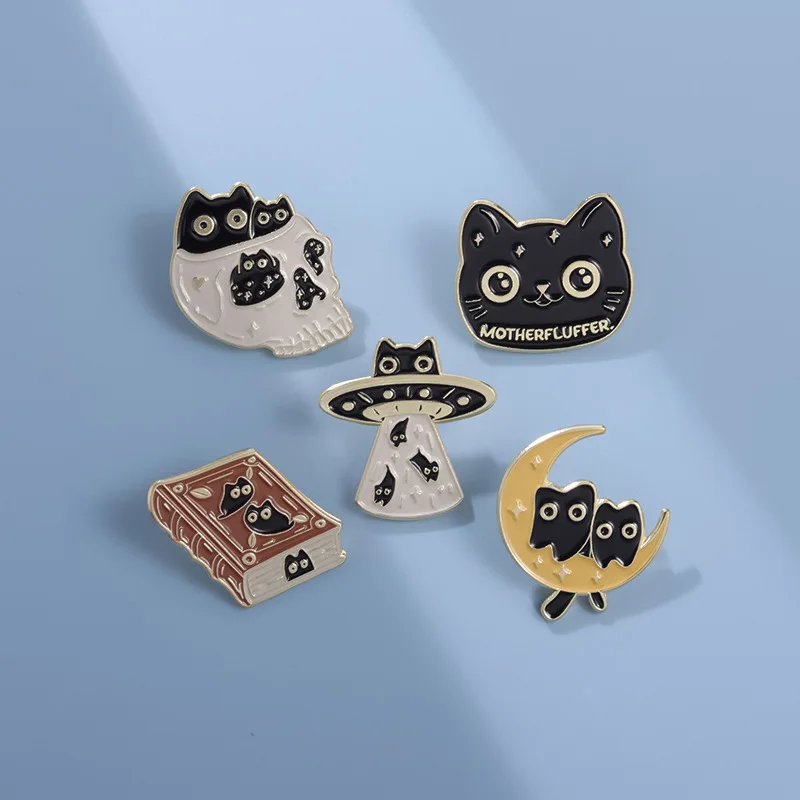 Cute Black Cat Cartoon Animal Badge Personalized Skull Head Magic Book Spaceship Design Badge