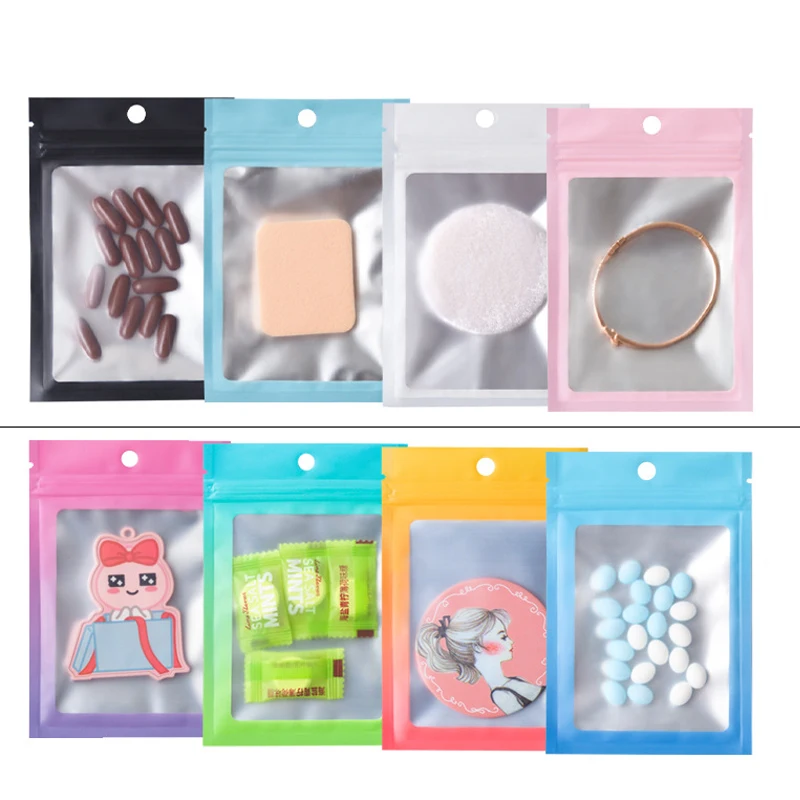 100 Pcs Flat Gradient Color Aluminum Foil Front Clear Candy Jewelry Coffee Tea Resealable Zip Lock Bag Storage Packaging Pouches