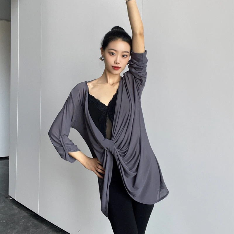 Gray Black Halter Backless Practice Top Women\'S Samba National Standard Ballroom Dance Tops Female Training Wear SL10348