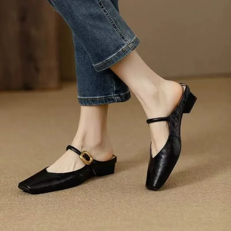 

2026 Women's Square Head Mules Summer Outdoor Wear Thick Heel Half Slippers One-Strap Ancient Shoes Single Shoes