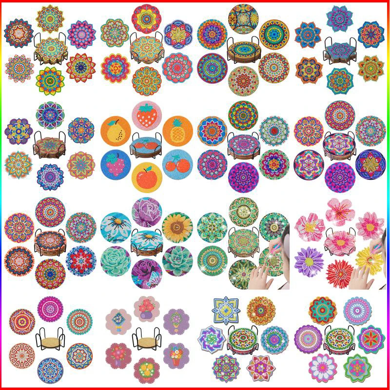 كوستر رسم ماسي ماندالا ، مع حجر الراين ، نمط زهرة ، ديي ، مجموعة من 6 أجزاء