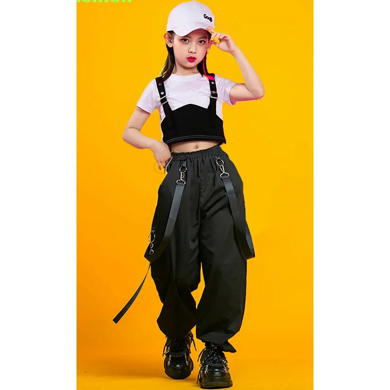 Kids Punk Streetwear Jazz Costume Girls Hip Hop Clothing Crop Top Cargo Pants Neck Mesh Skirt Sets Teenage Street Dance Clothes