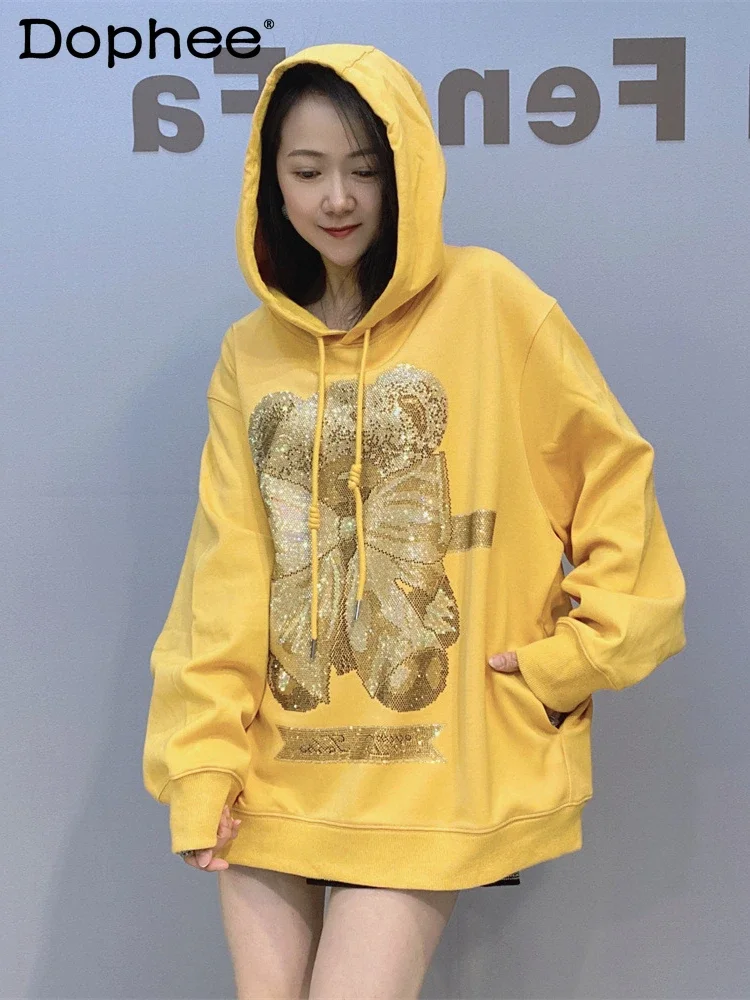 

Cartoon Bear Hooded Long-sleeved Sweatshirts Diamond-encrusted Top Spring Autumn Casual Fashion Hooded Sweatshirts Women