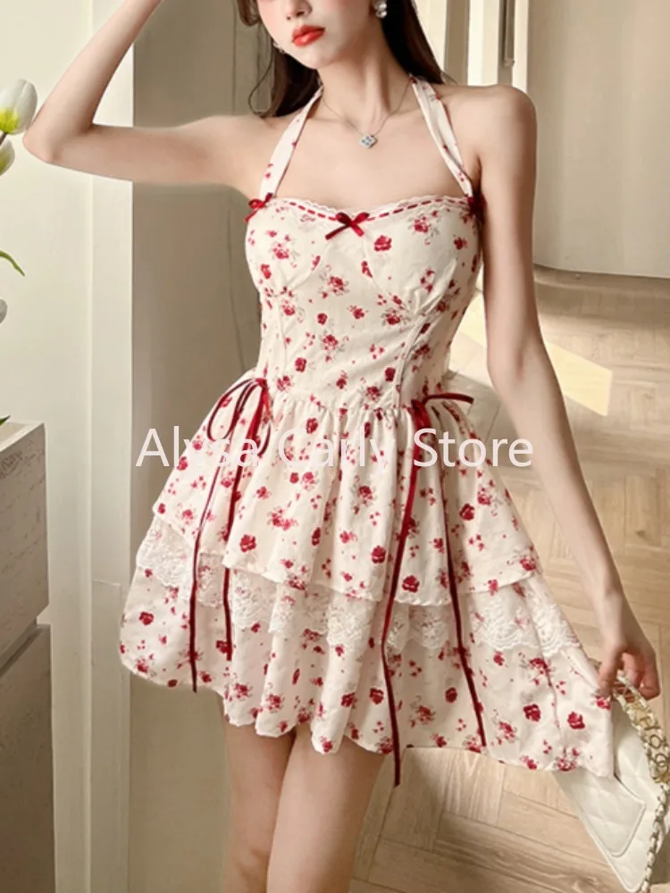 วินเทจหวานคอติดตั้งชุดมินิผู้หญิงเกาหลีElegant Lace Fairyดอกไม้ชุดหญิง 2025 ฤดูร้อนแฟชั่นCausal Party Dress