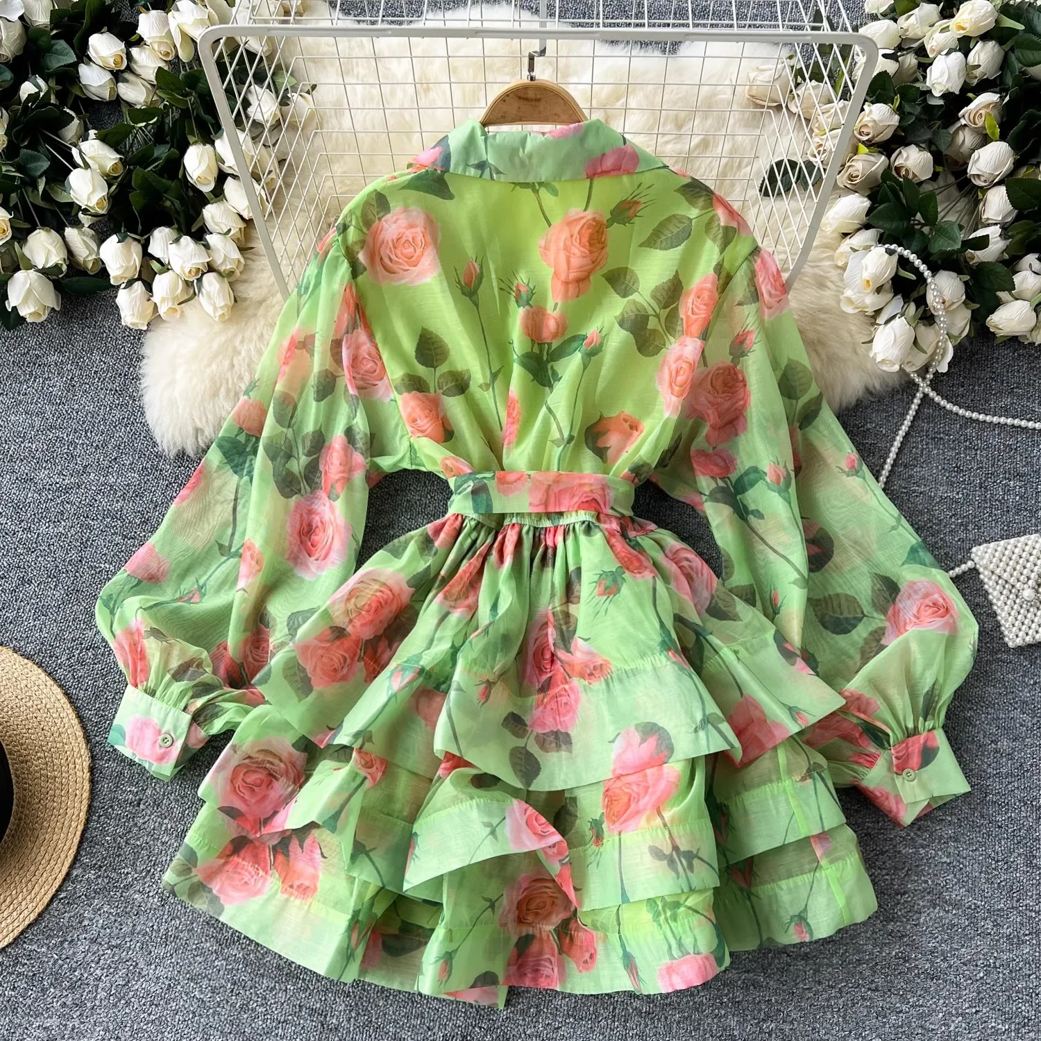 2024 Nieuwe Herfst Prachtige Bloemenprint Overhemdjurk Vrouwen Revers Single Breasted Lantaarn Mouw Ruches Riem Vakantie Mini Kleding