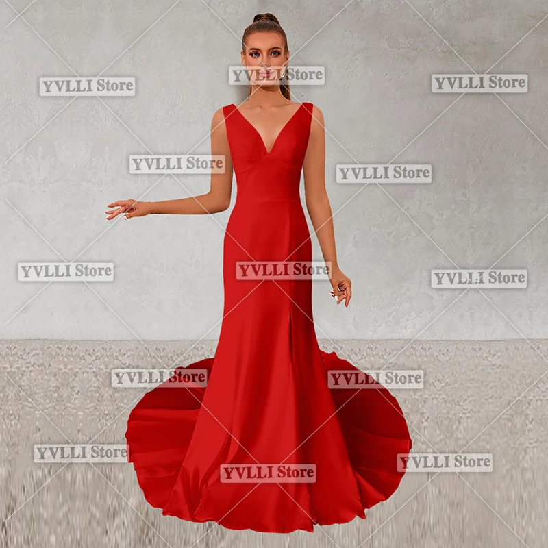 

V-neck Backless High Split Hem Mermaid Trailing Gowns for Banquet Party Vacation Ball Cocktail Party Formal Evening Gowns