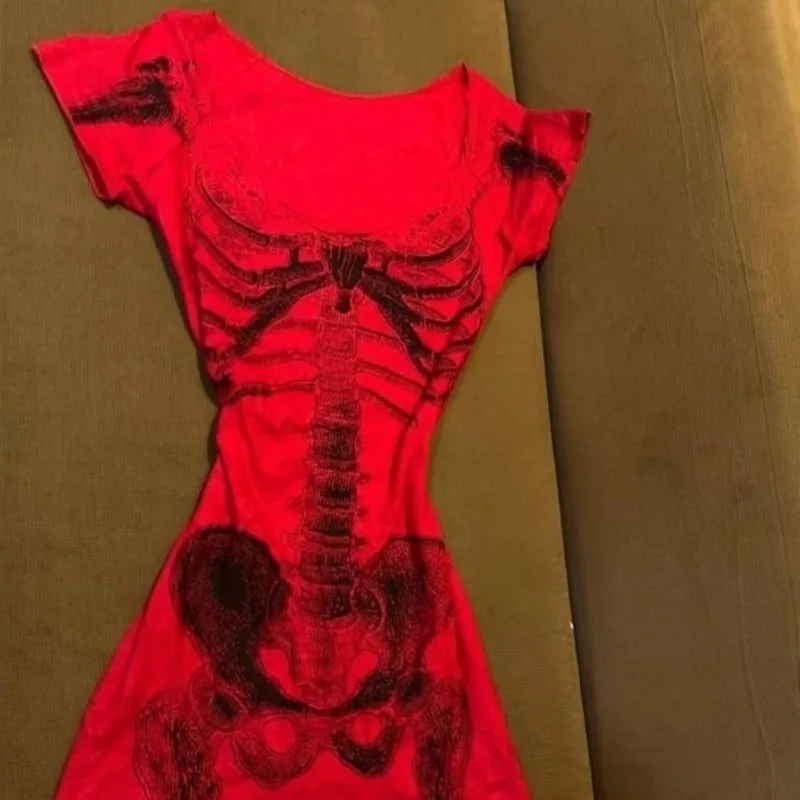 

American Retro Skeleton Aesthetic Short-sleeved Dress Harajuku Rock Hottie Bag Hip Dresses Women's Sexy Slim Chic Mini Skirts