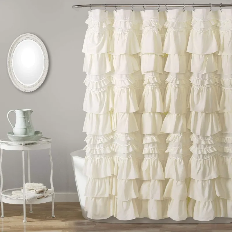 Kemmy Shower Curtain | Ruffled, Textured Shabby Chic Farmhouse Style Design, 72” x 72”, Ivory