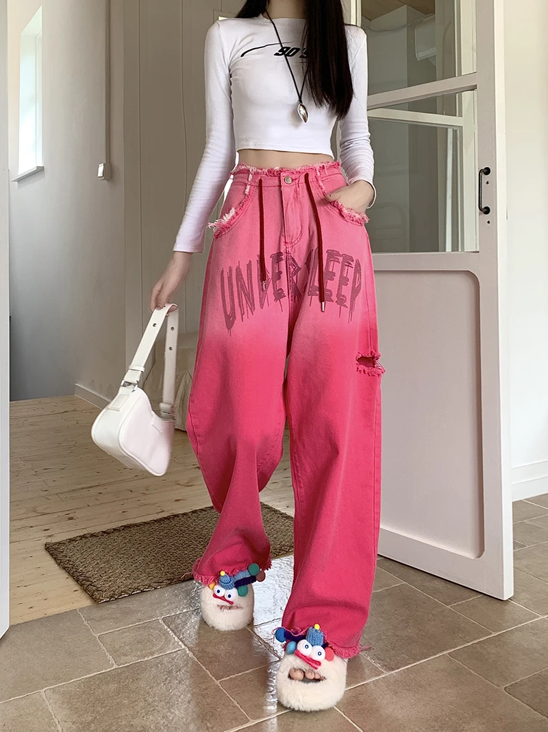 Vintage Pink Letter Printed Y2k Baggy Jeans Women American Style Rough Hemmed Trousers High Waist Drawstring Women's Pants