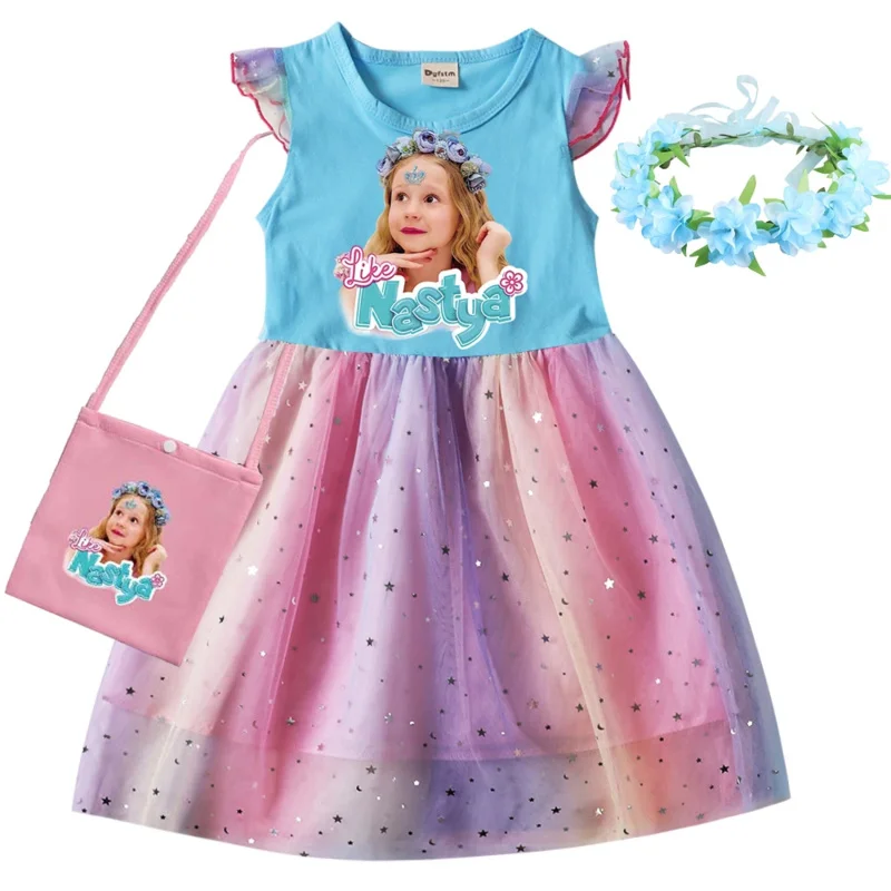 Like Nastya Clothes Baby Girls Rainbow Lace Dresses with Wreath Bag Kids Cartoon Garden of Banban Wedding Party Princess Vestido