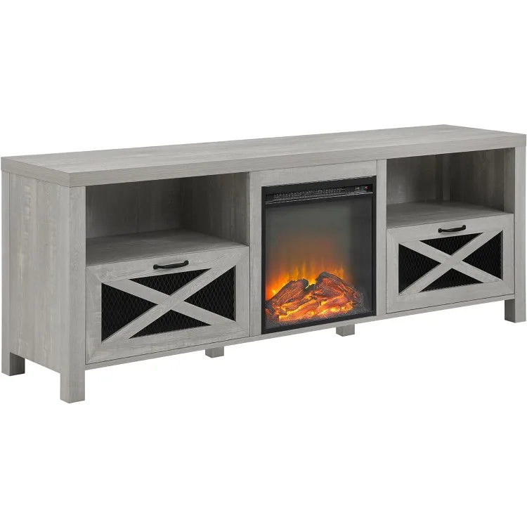 

Calgary Industrial Farmhouse X-Drawer Metal Mesh and Wood Fireplace TV Stand for TVs up to 80 Inches, 70 Inch, Stone Grey