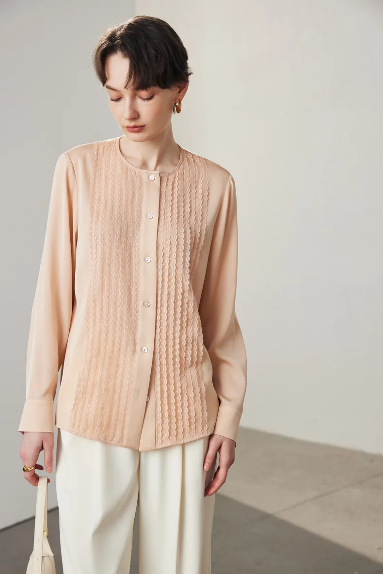 90% Silk 10% Spandex Women's Shirt O Neck Long Sleeves Ruffles Elegant Fashion Blouse Tops