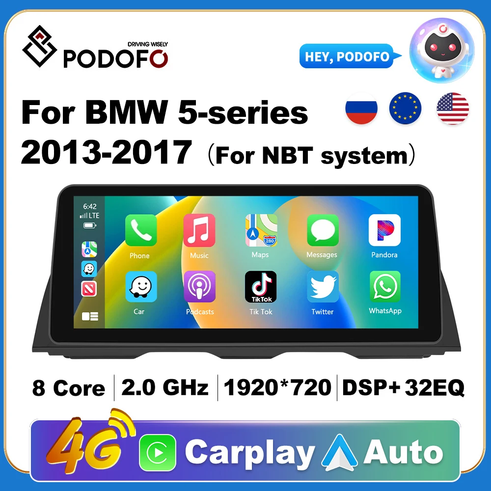 Podofo Wireless CarPlay Andorid Auto Car Radio For BMW 5-series  2013-2017 NBT system AI Voice Multimedia GPS 2din autoradio