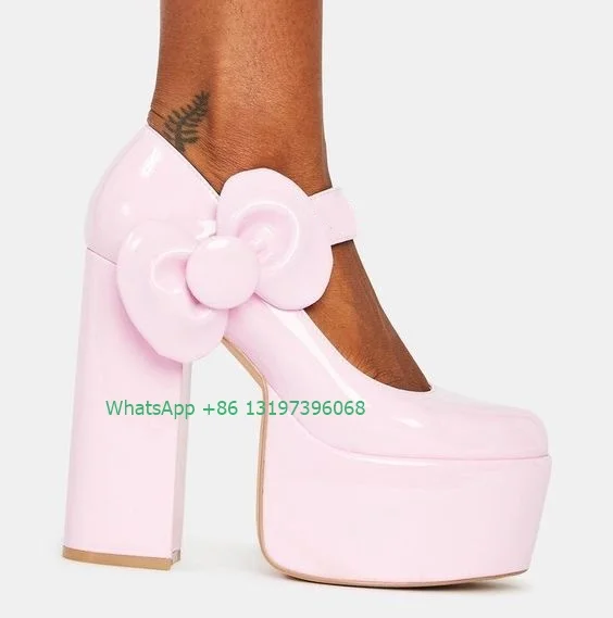 

Lady pink bow tie Mary Jane high heels elegant cute platform chunky square heel hollow summer banquet heels shoes footwear size