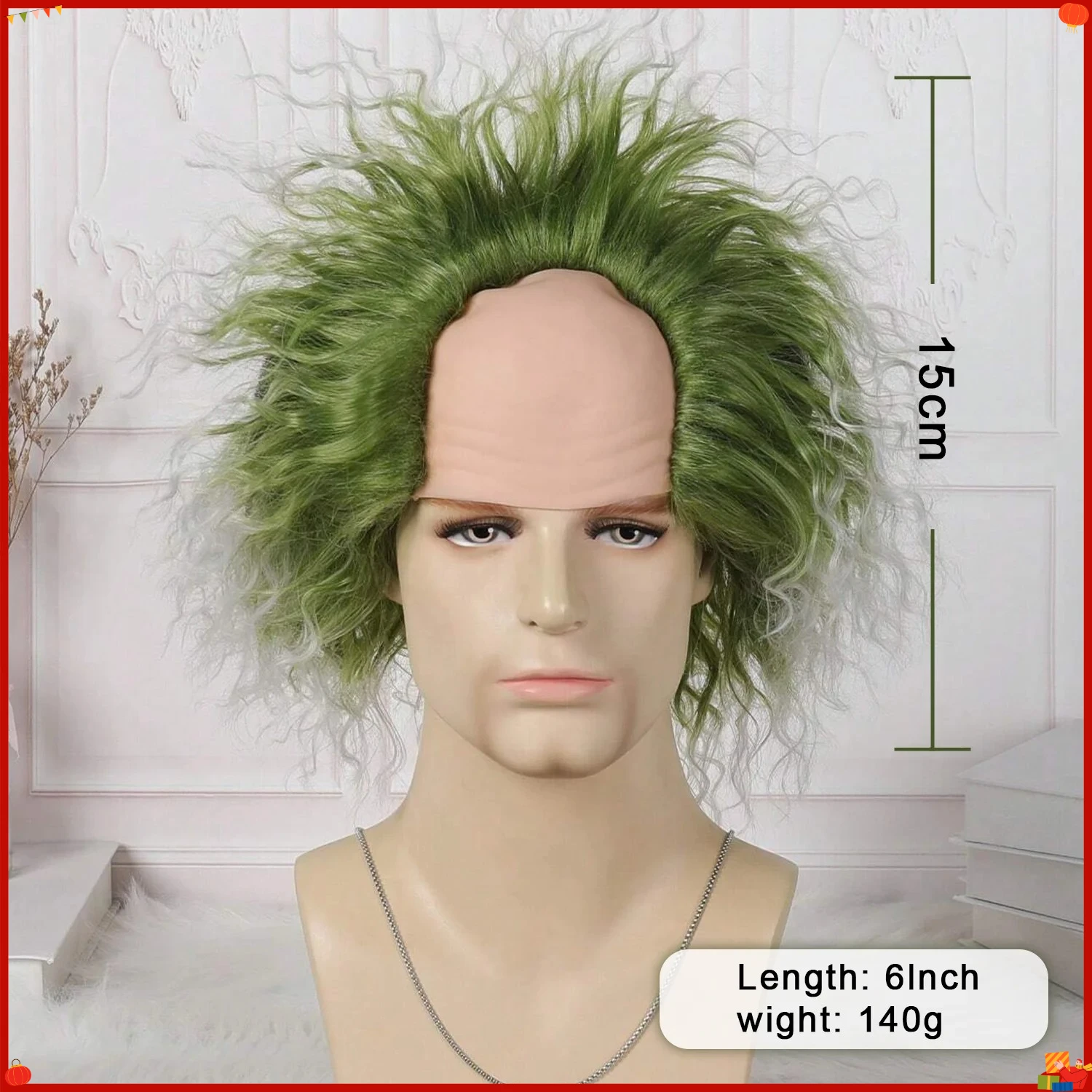 Synthetic Short Green Wig 6 Inch Curly Fluffy Wavy Hair with Bald Cap for Anime Cosplay, Party, Clown Costume, Halloween, Unisex