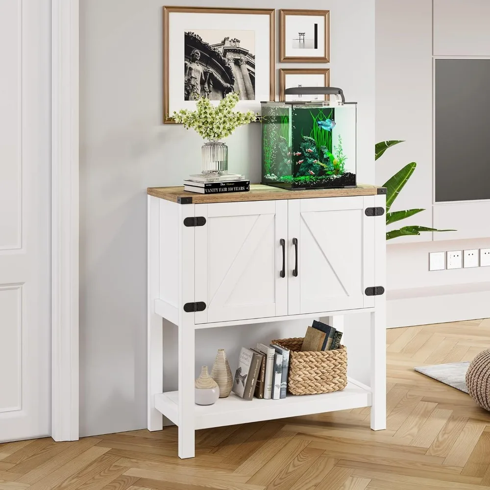 Table console blanche avec 2 armoires de rangement, buffet de ferme, armoire de bar, table de canapé, 31.5 L x 13.8 P x 34.65 H