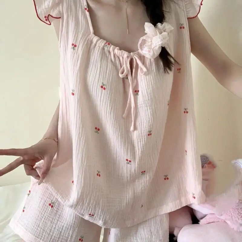 Sweet Cute Teenage Tank Tops Shorts Set Summer New Fashionable Girl Comfortable Home Clothes Breathable and Softs Absorb Sweat