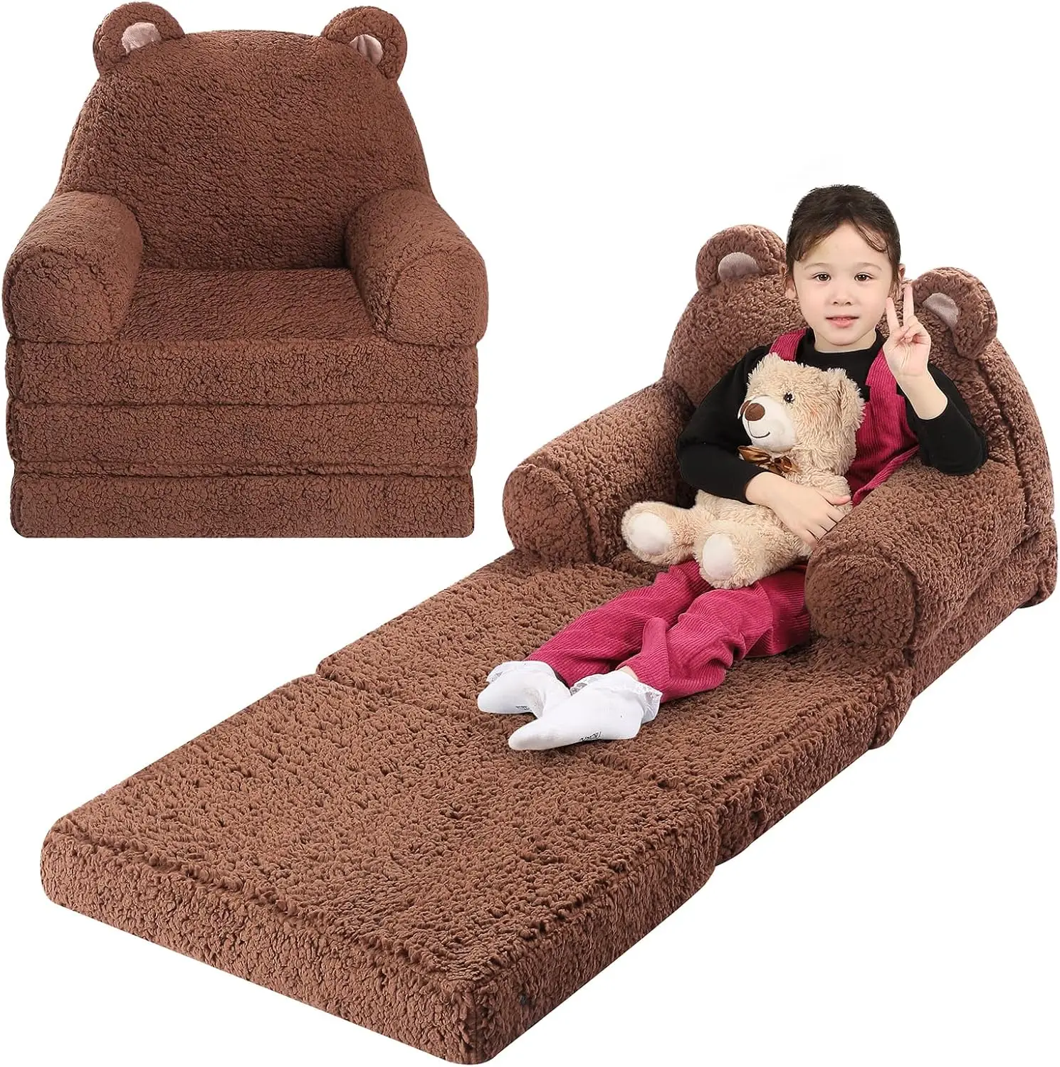 

Foldable Sofa For Kids, Sherpa Teddy Bear Toddler Couch With Tri Folding Foam Cushions, Comfy For Ages 3-6