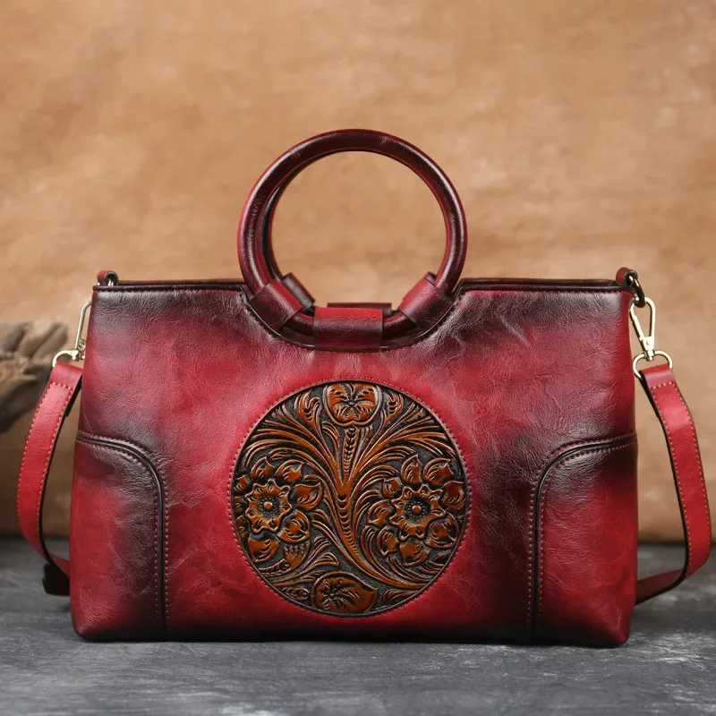 

GAGACIA Women's Handbags Ladies High Quality Leather Shoulder Bag For Woman New Chinese Style Handmade Embossed Female Hand Bags