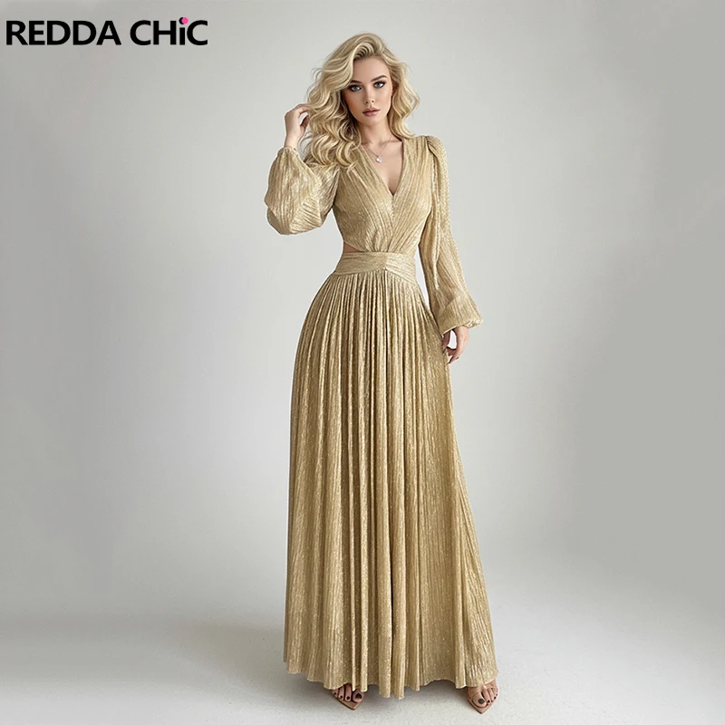 REDDACHiC Ren Fair Gold Glitter Party Dress V-Neck Lantern Sleeve Cut Out Waist Maxi Long Ball Gown Retro Victorian Costume