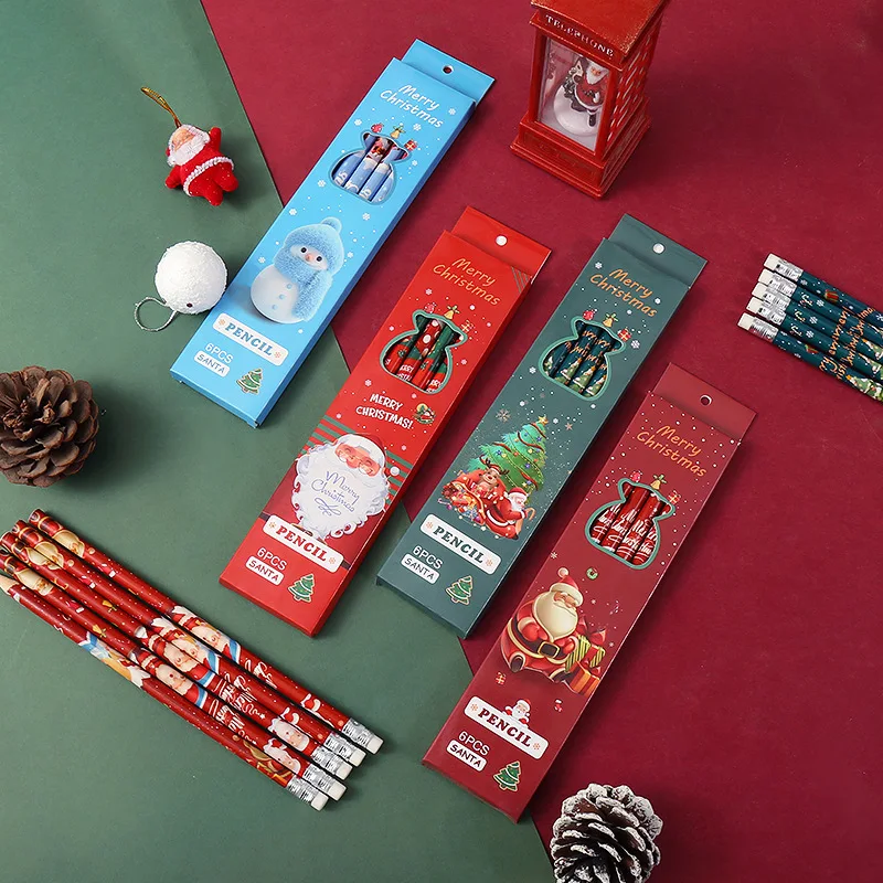 6 pcs/box Santa Claus Christmas Tree Wooden HB Pencils Student Stationery Gift Christmas Party Favors School Writing Supplies