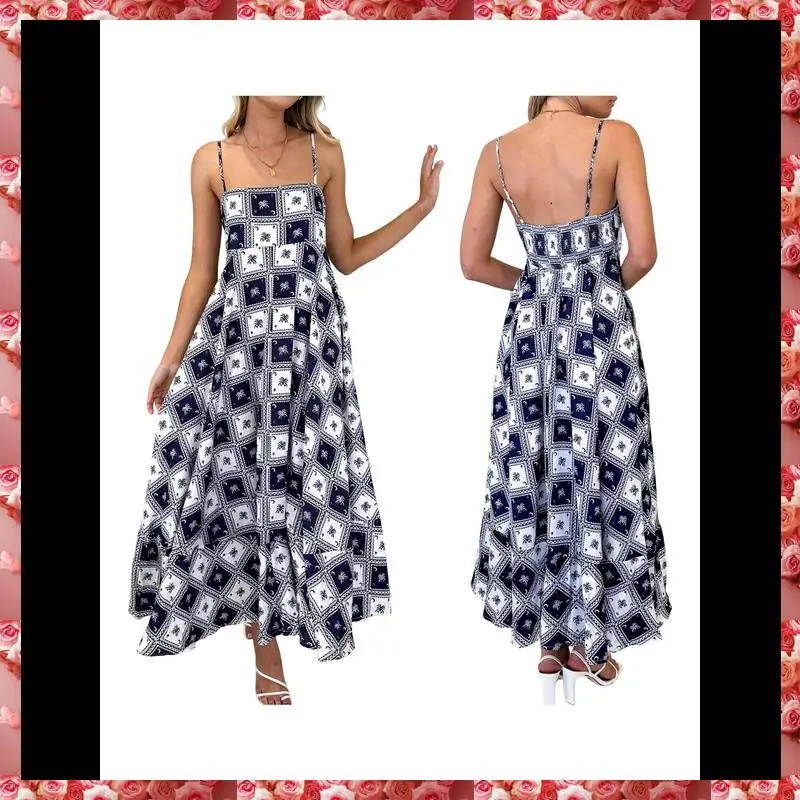 Women Graphic Maxi Dress Spaghetti Strap Floral Boho Long Dress Flowy Summer Holiday Beach Dress