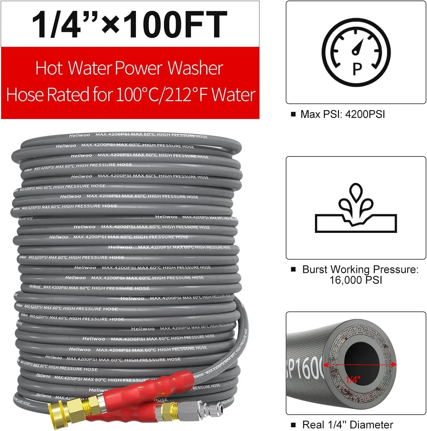 Washer Hose 100ft 4200PSI with 3/8 Quick Connect, 1/4 Commercial Grade Steel Wire Braided Kink Resistant Power Washer Extension