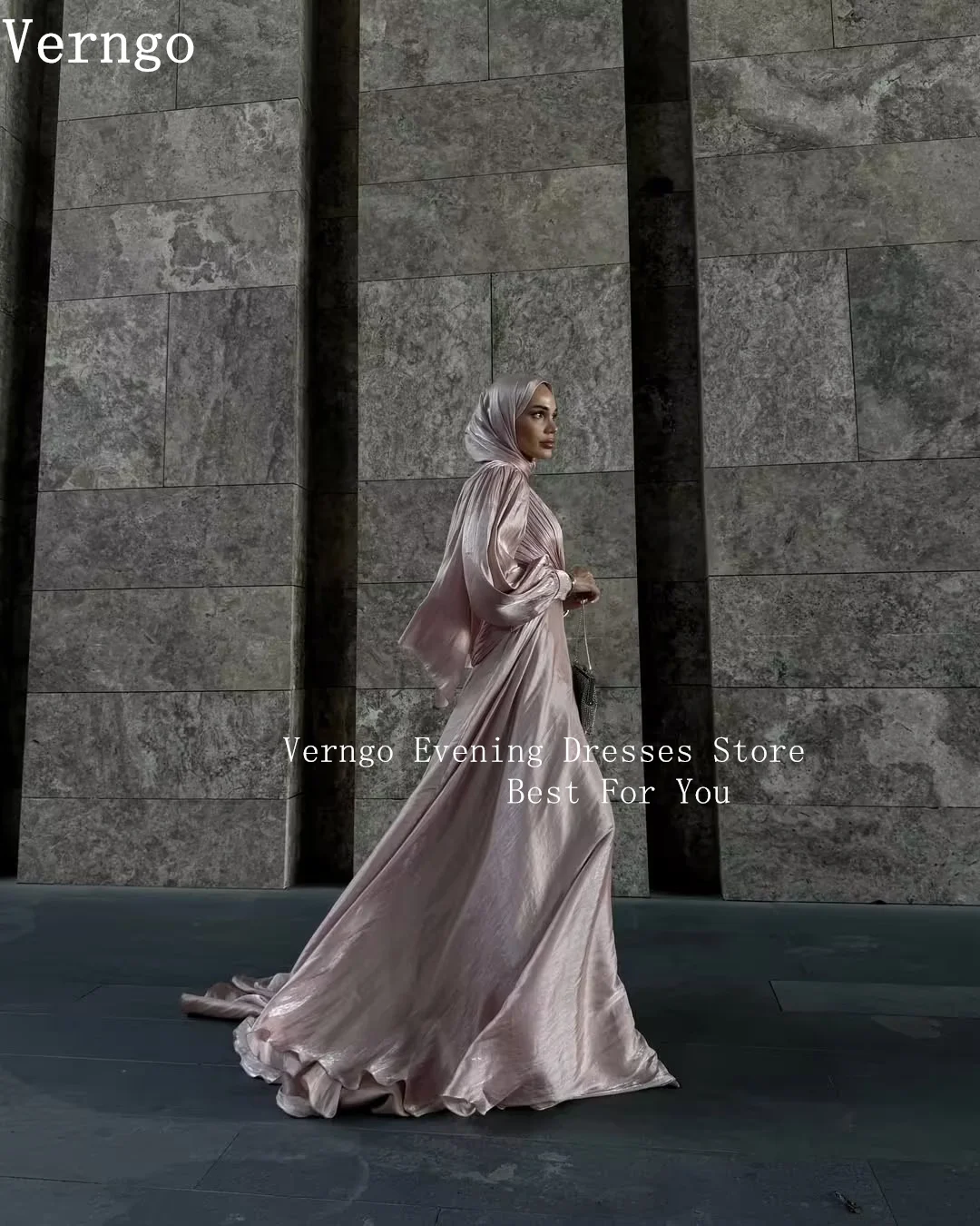 Verngo Pink Evening Dress High Neck Prom Gowns Long Sleeves Muslim Women Elegant Formal Dresses Modest Party Dress Customized