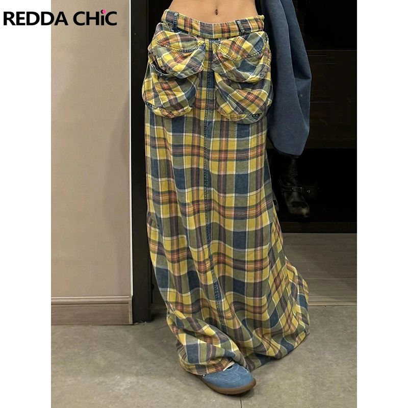 REDDACHiC Women Color Block Plaid Cargo Skirt Big Pockets Holiday Casual Loose Maxi Long Skirt Tall Girls Friendly Retro Clothes