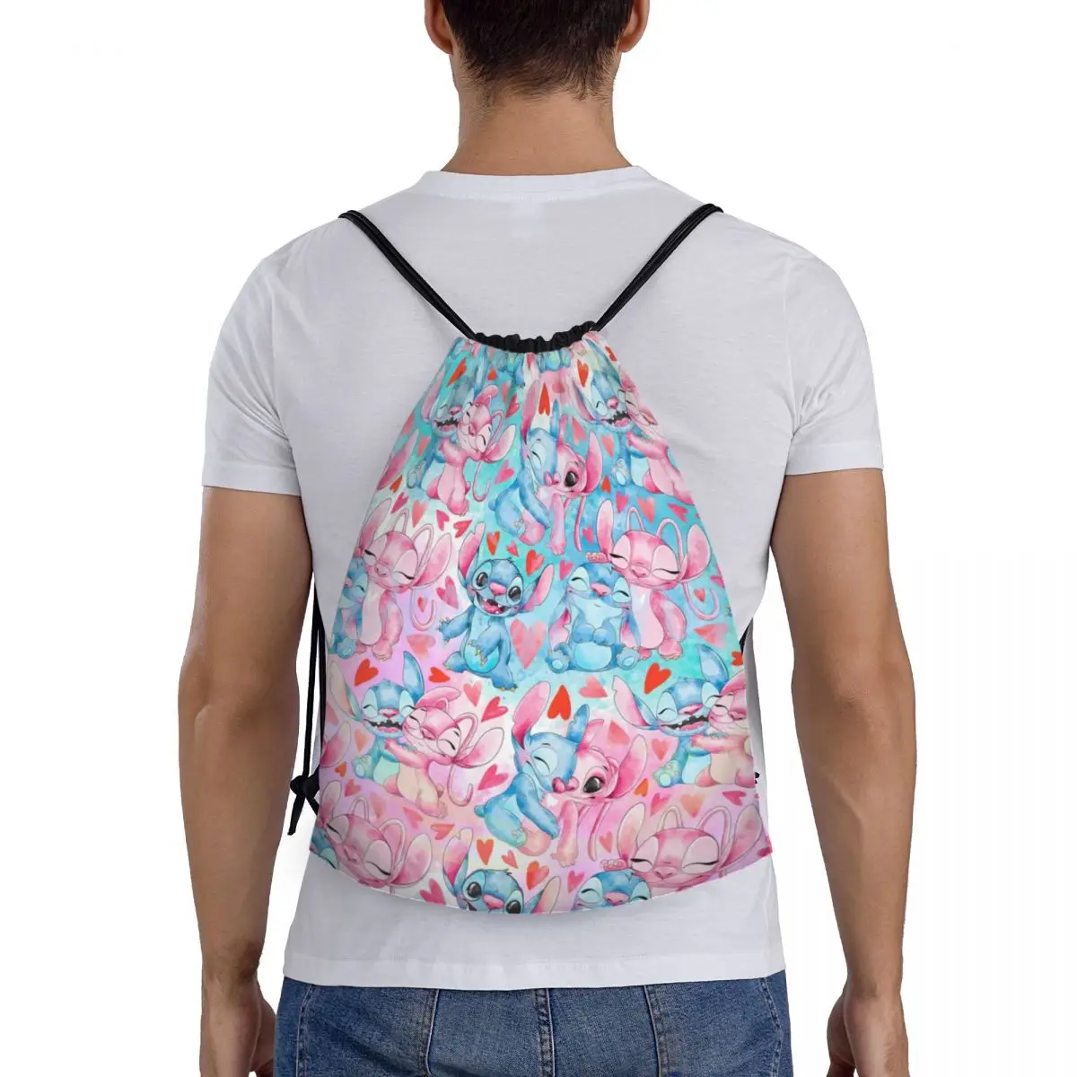 Custom Stitch Disney Pattern Drawstring Bags Women Men Lightweight Cartoon Sports Gym Storage Backpack