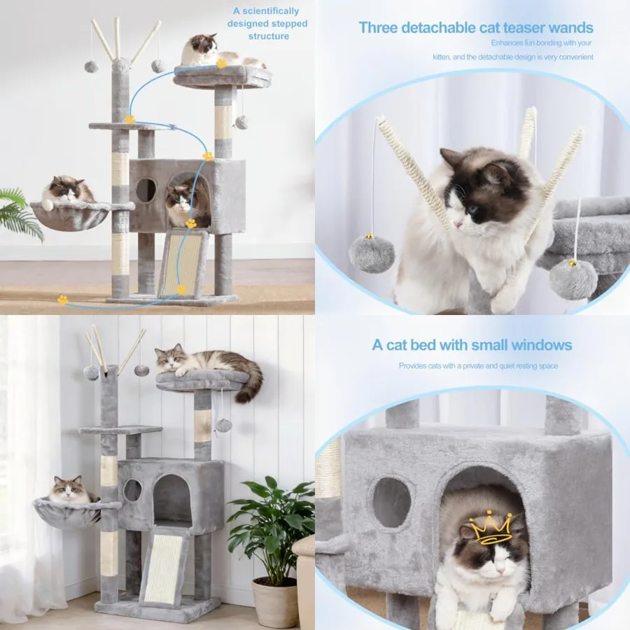 

Cat Tree Tower, Scratchg Posts with Removable Toys, Cozy Condo, Platform, Hammock, Sisal Scratch Board and Ball for door Kitten