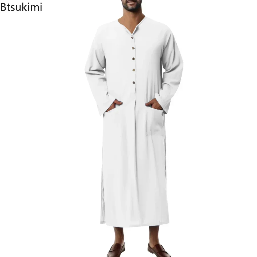 Nuevo 2025 bata musulmana de manga larga para hombres musulmán Jubba Thobe caftán informal con cierre de botón Color sólido hendidura ropa árabe para hombre