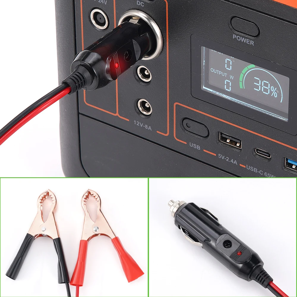 18AWG 1.5m Car Cigarette Lighter Socket Male Plug Adapter Power Cord Crocodile Clip Battery Extension Cord 15A Fuse LED Lights
