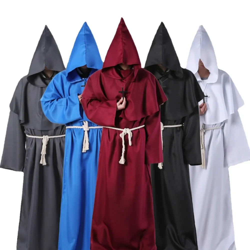 Medieval Christian Friar Cosplay Costume Monk Hooded Robe Cross Necklace Waist Rope Set Priest Role Play Halloween Party