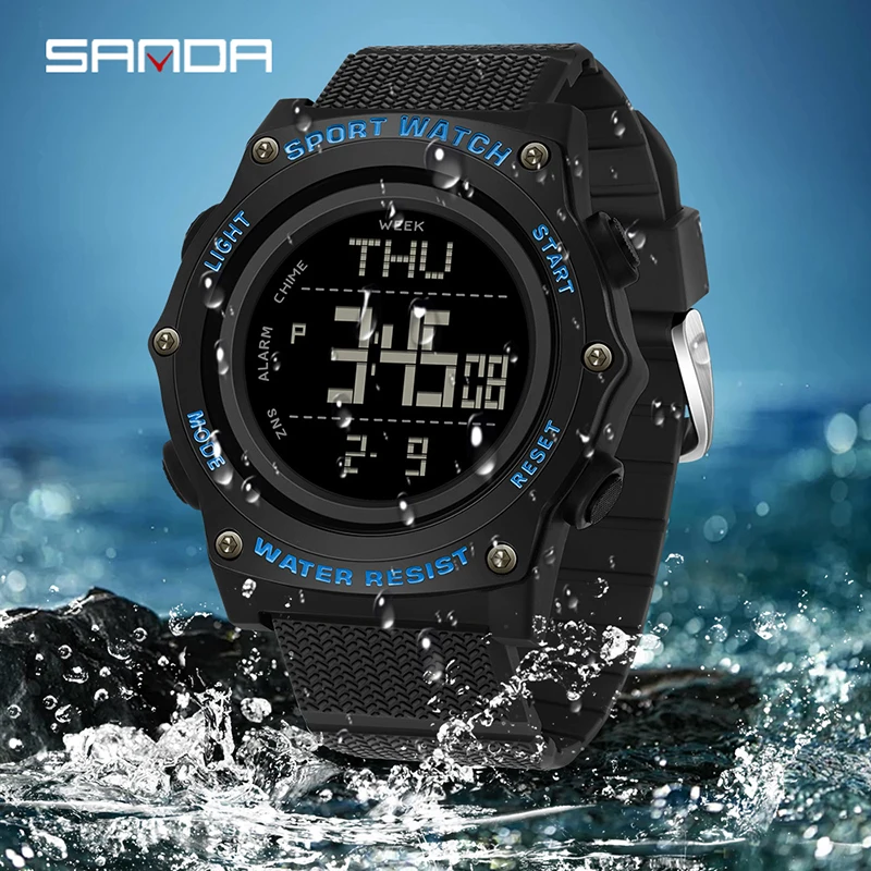 SANDA 2159 LED Electronic Digital Men Watch Outdoor Sports Student Clock Waterproof Night Light Multifunctional Watches For Men