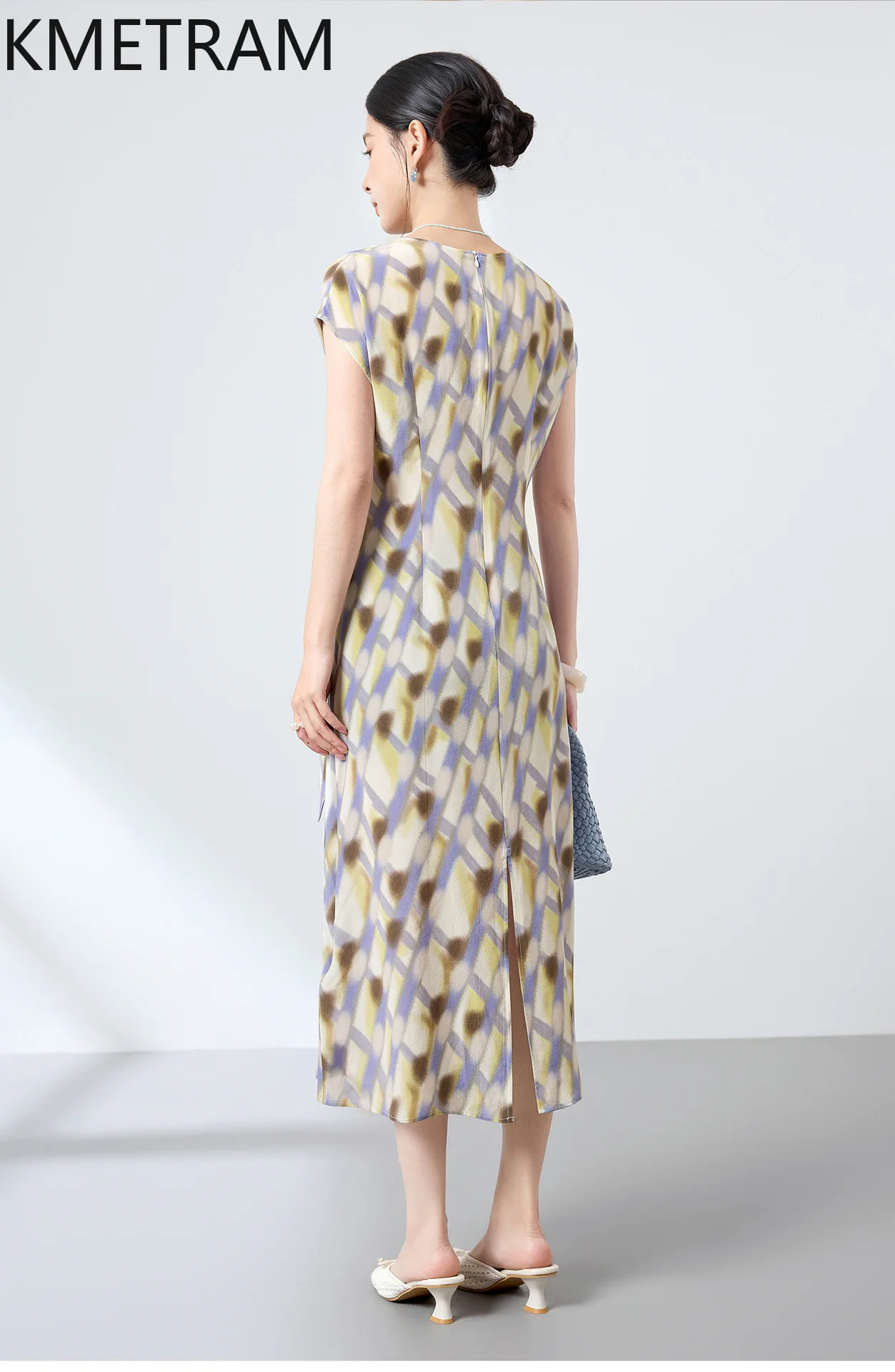 KMETRAM 100% Natural Mulberry Silk Tank Dresses for Women Elegant Print Midi Dress V-Neck Summer Frocks Woman Clothing 2026 원피스