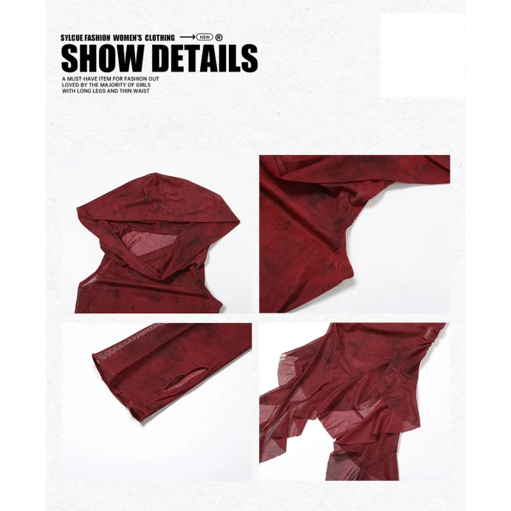 Camiseta roja para mujer con capucha y escote drapeado - Top de cosplay con manga con volantes asimétricos, disfraz favorecedor de figuras para fiesta