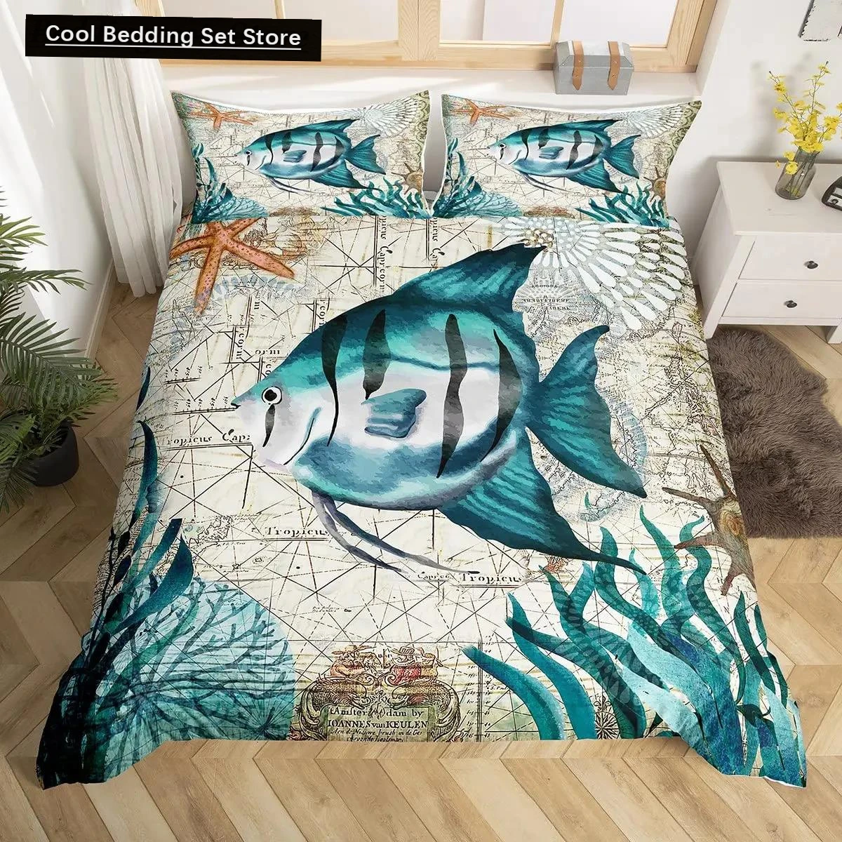 Teal Comforter Cover King Queen Ocean Spanish Mackerel Duvet Cover Nautical Underwater World Marine Life Polyester Bedding Set