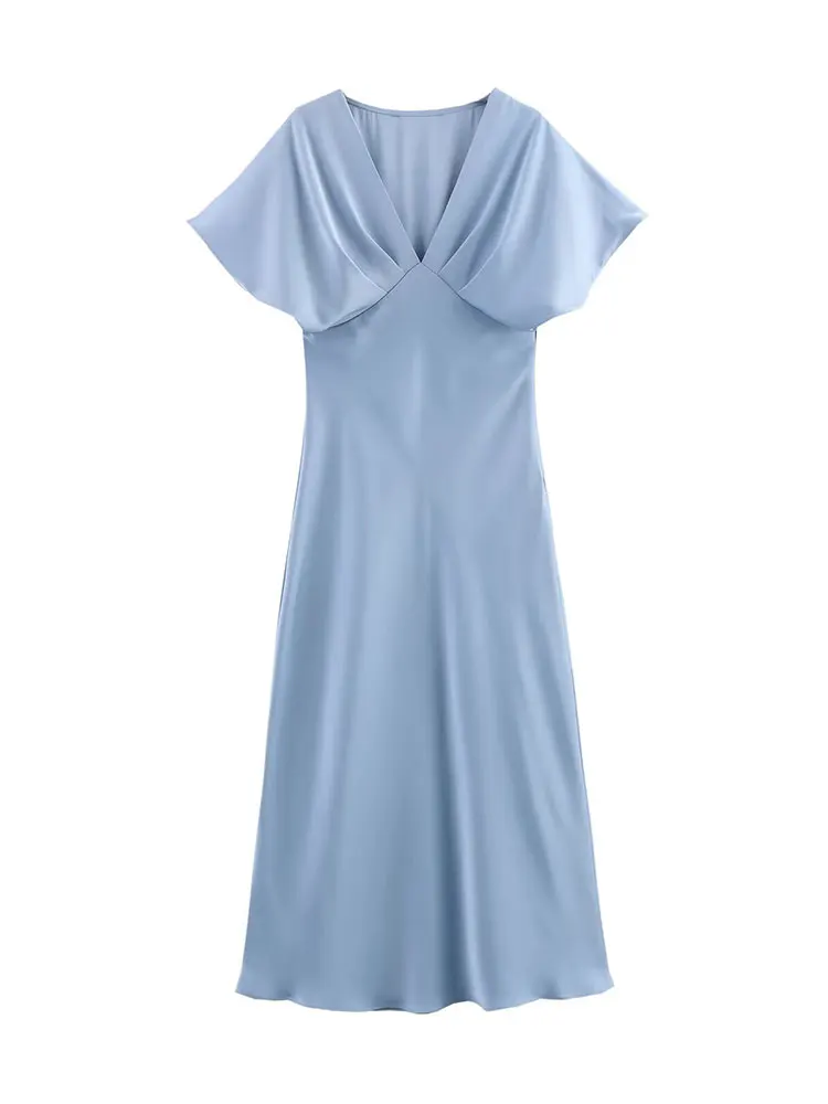 HH Frauen Elegantes Solides Satinkleid Sexy V-ausschnitt Kurzarm Midi Kleid 2025, Neue Mode Sommer Dame Feiertage Party Kleid