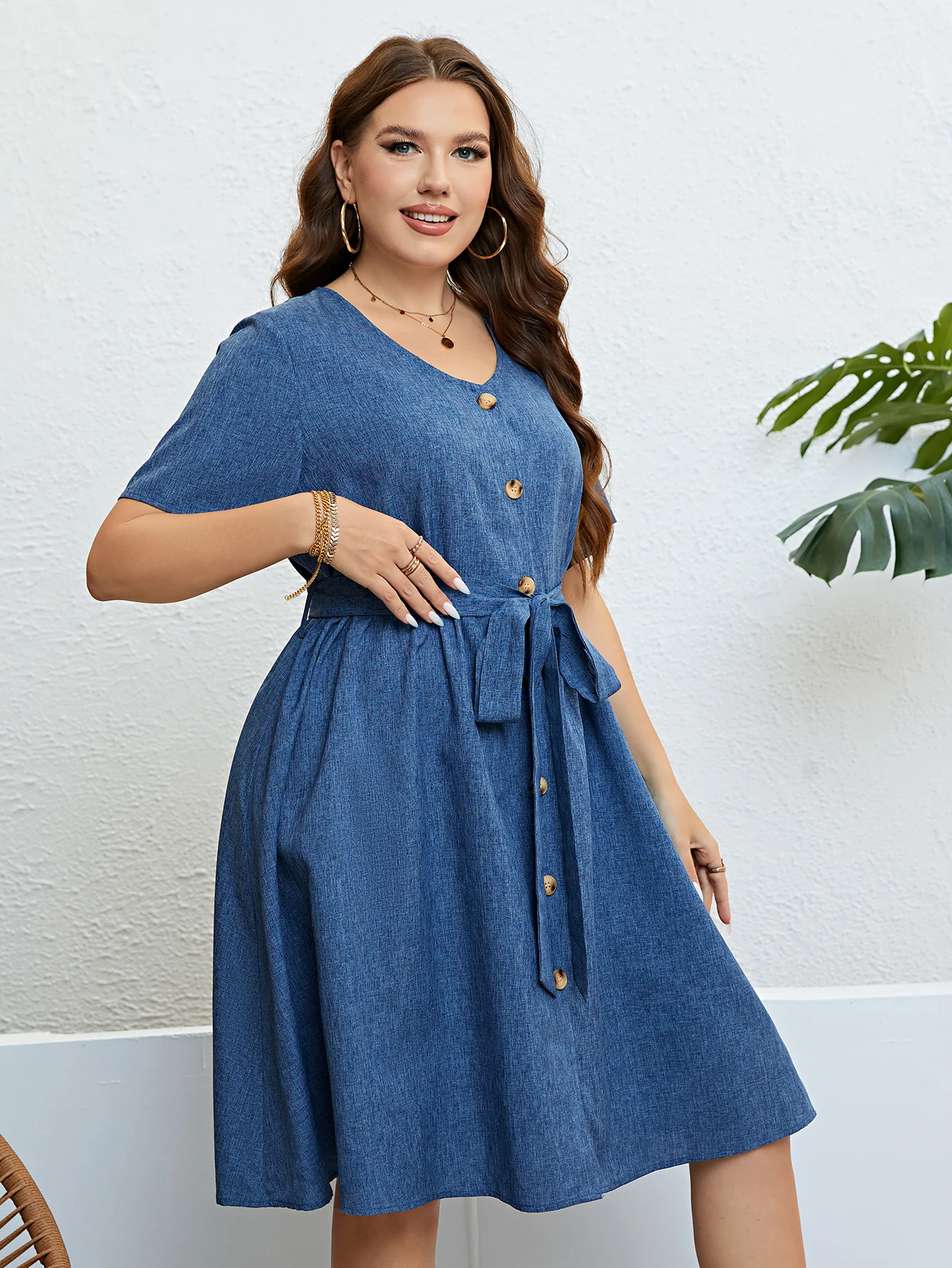 Plus Size Solid Elegant Button Women Dress 2024 Summer Short Sleeve Office Ladies Casual A-Line Party Large Size Midi Dresses