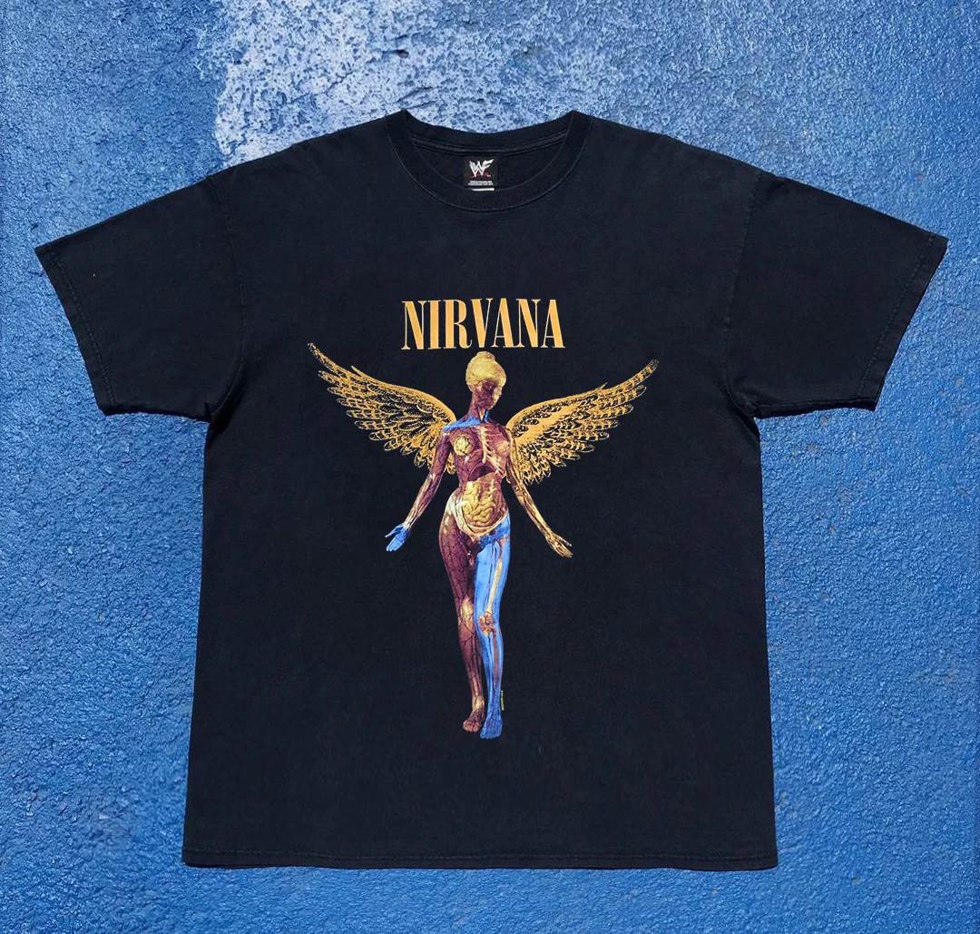 Retro Distressed Short Sleeve T-shirt Couple Matching Cotton Youth Popular Loose Fit Men's Women's Angel Design Band Theme