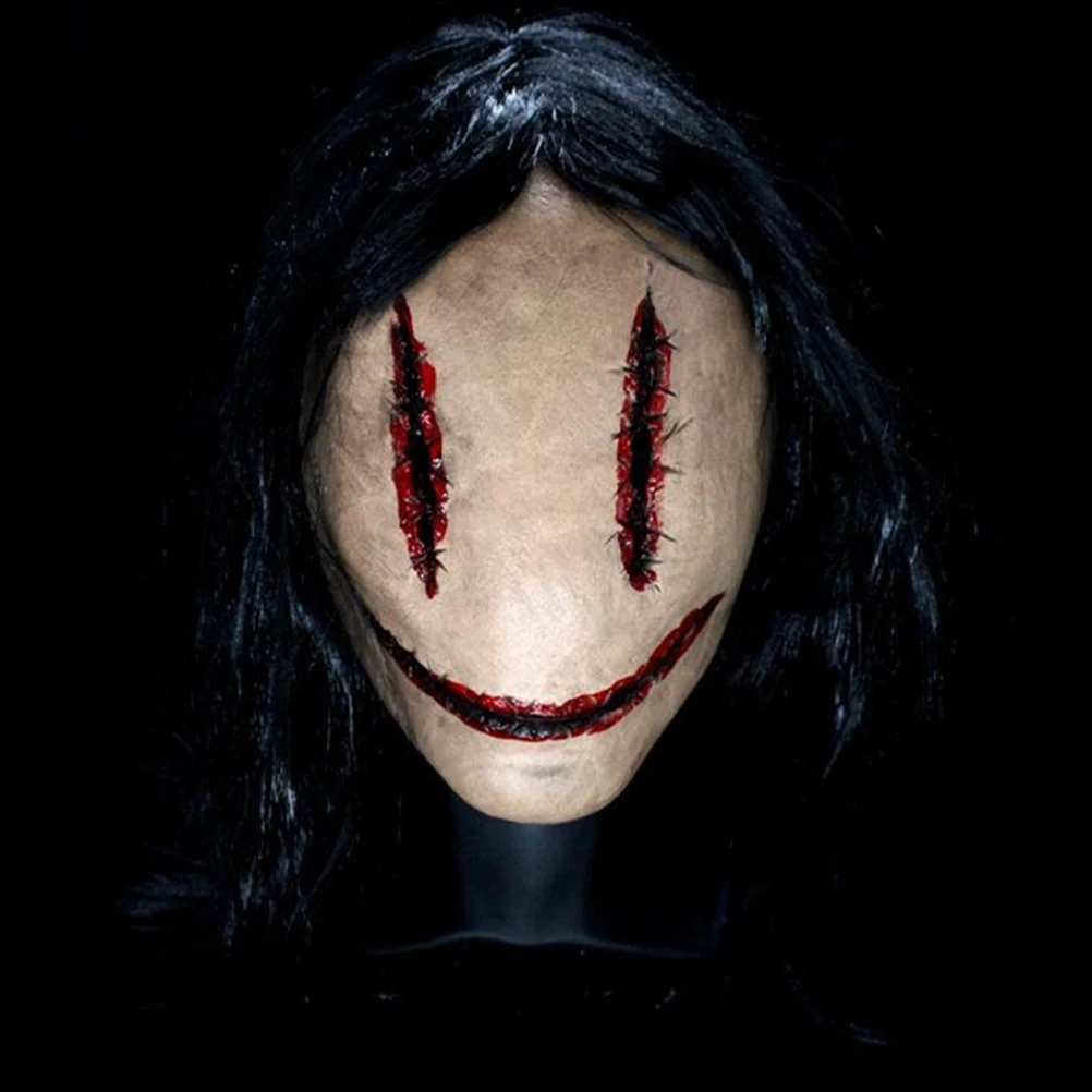 Realistisch enge geest cosplay gezicht voor toneelvoorstelling spookhuis prop horror masker met lang haar latex materiaal Halloween