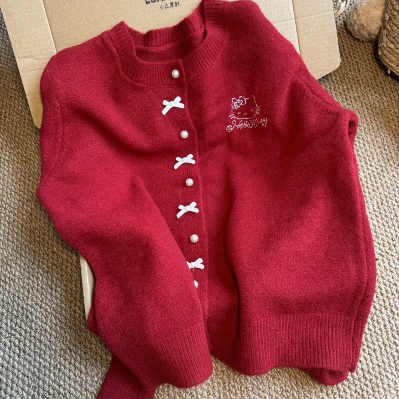 

Keep Warm Cartoon Hello Kitty Sweater Cardigan for Students in Early Autumn Gentle and Pure High-end Rhinestone Knitted Jacket