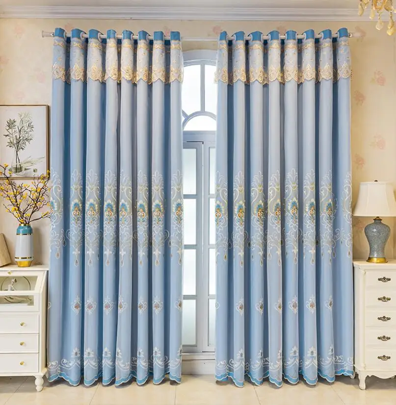 Embroidery Double-Layer Curtain for Living Room Bedroom European Style Curtain Cloth Voile Tulle Relief Embroidery Window Decor