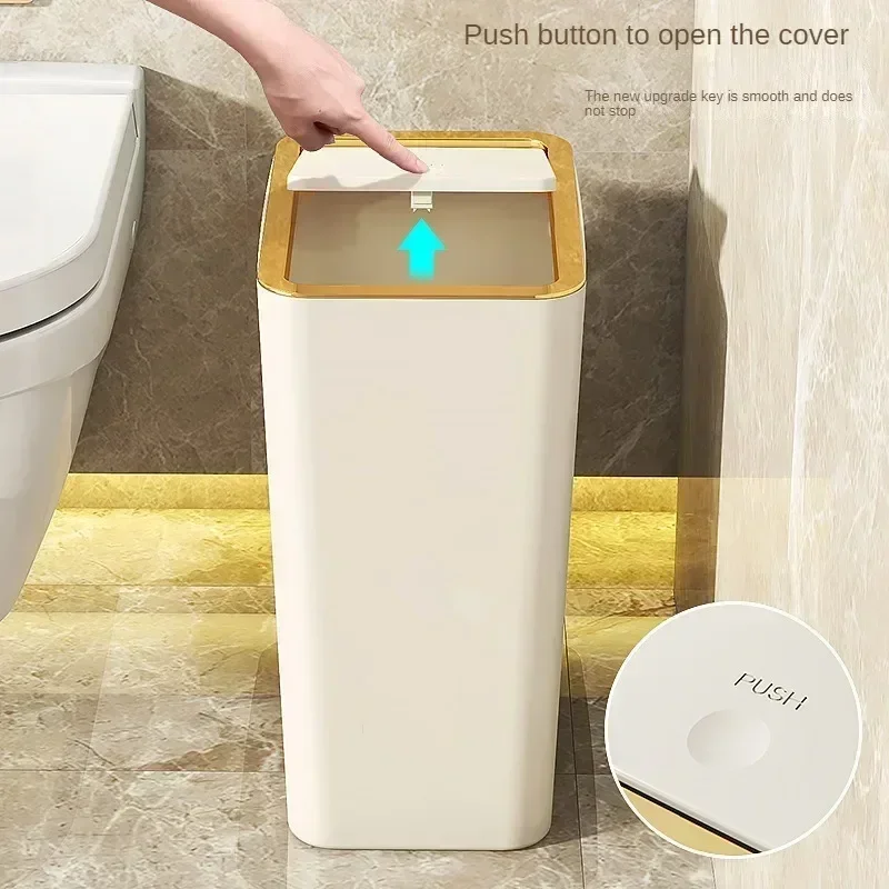 

10L Press Lid Small Trash Can for Bathroom Bedroom Living Room Pop-up Cover Plastic Waste Bin Compact Home Office